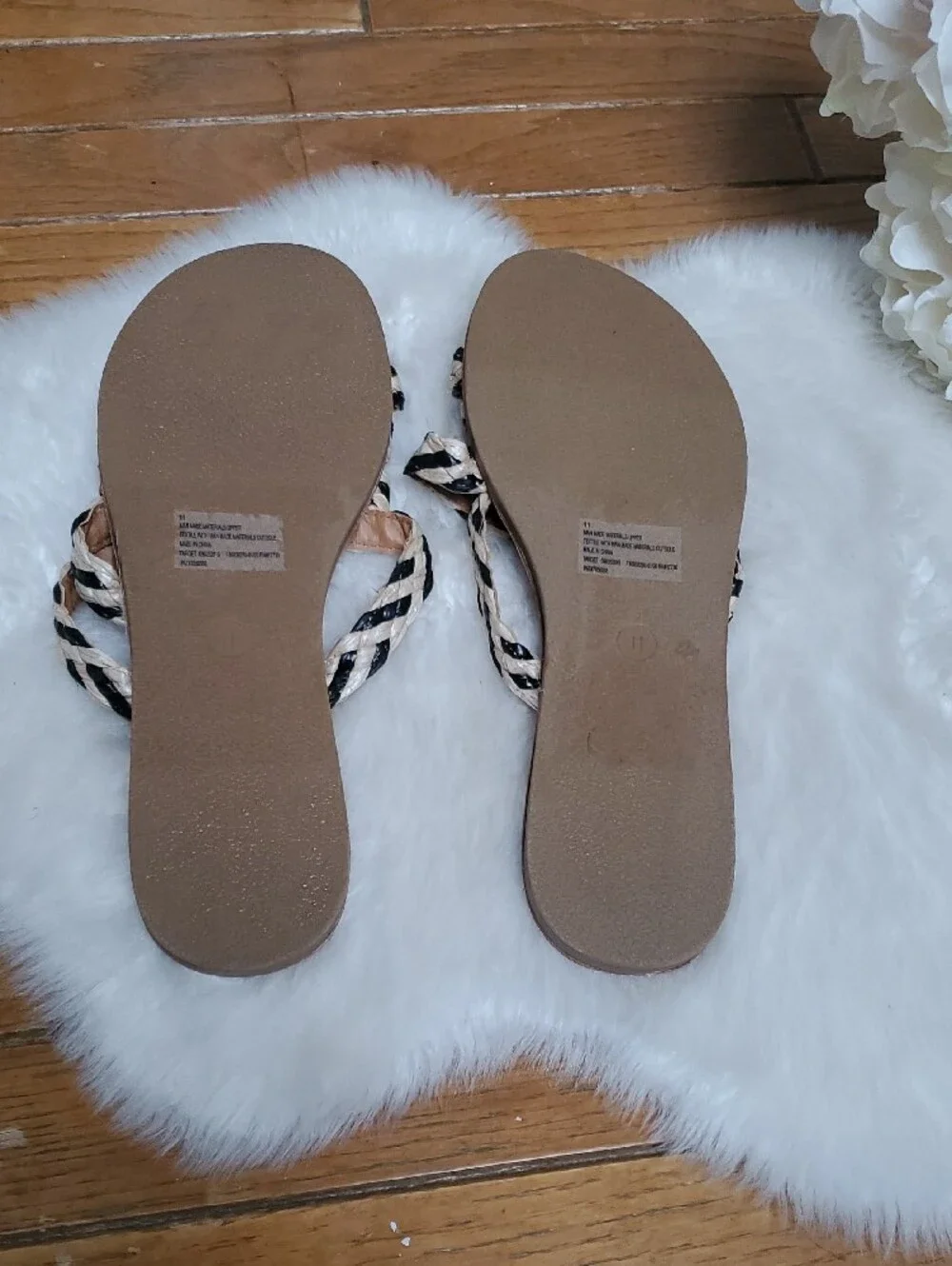 a new day Tan Footbed Braided Slide Sandals with Black and Tan Straps